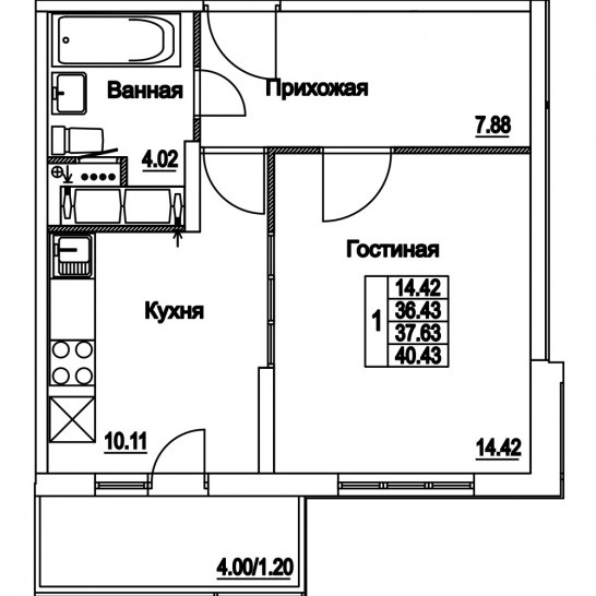 Однокомнатная квартира 37.63 м²