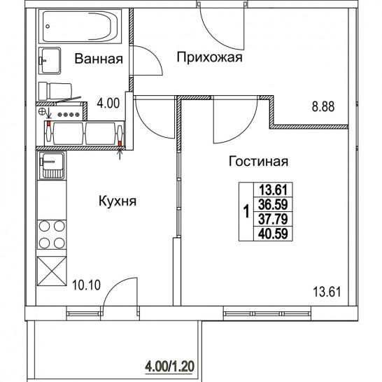 Однокомнатная квартира 37.79 м²