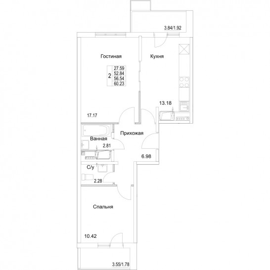Двухкомнатная квартира 56.54 м²