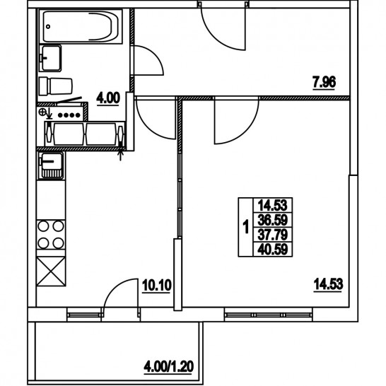 Однокомнатная квартира 37.79 м²