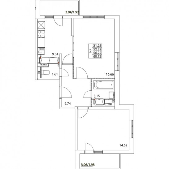 Двухкомнатная квартира 56.22 м²