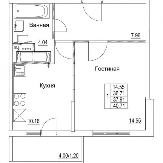 Однокомнатная квартира 37.91 м²