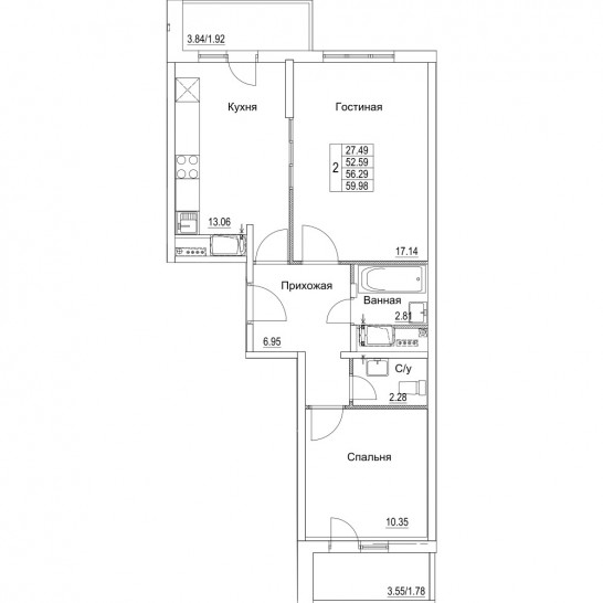 Двухкомнатная квартира 56.29 м²