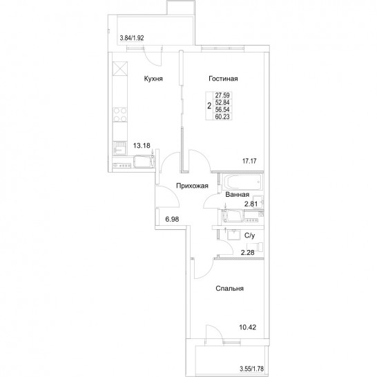 Двухкомнатная квартира 56.54 м²