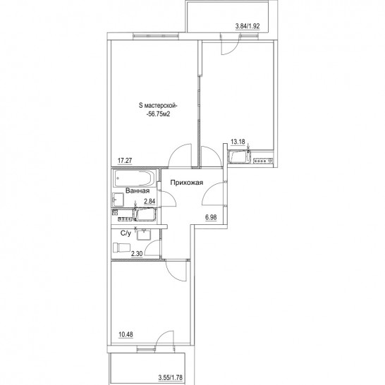 Двухкомнатная квартира 56.75 м²