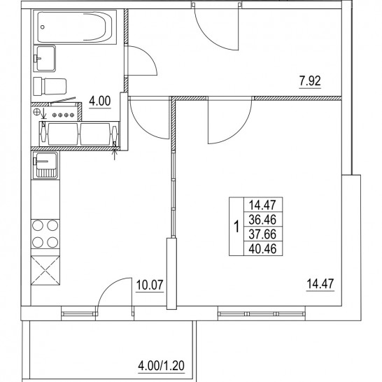 Однокомнатная квартира 37.66 м²