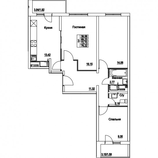 Трёхкомнатная квартира 72.73 м²