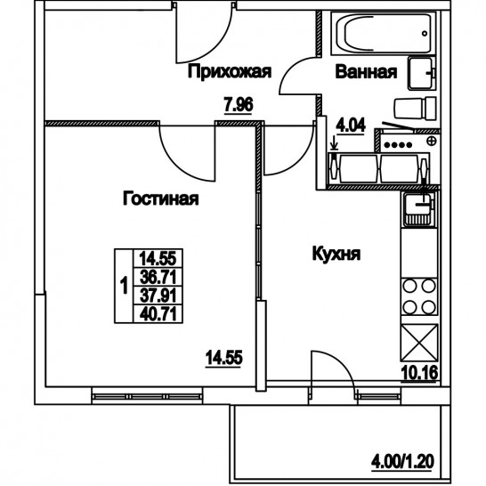 Однокомнатная квартира 37.91 м²