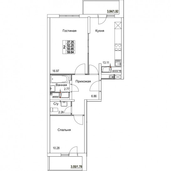 Двухкомнатная квартира 55.95 м²