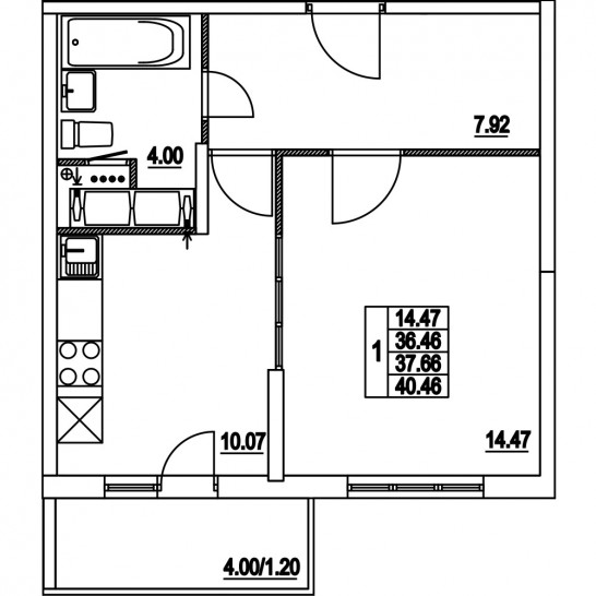 Однокомнатная квартира 37.66 м²