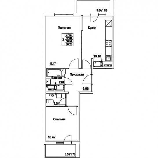 Двухкомнатная квартира 56.54 м²
