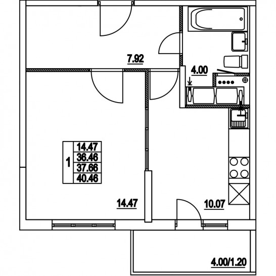 Однокомнатная квартира 37.66 м²
