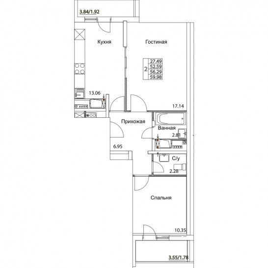 Двухкомнатная квартира 56.29 м²