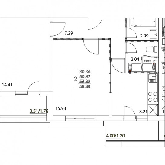 Двухкомнатная квартира 53.83 м²
