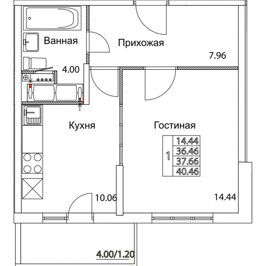 Однокомнатная квартира 37.66 м²