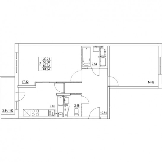 Двухкомнатная квартира 59.92 м²