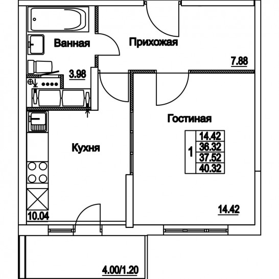 Однокомнатная квартира 37.52 м²