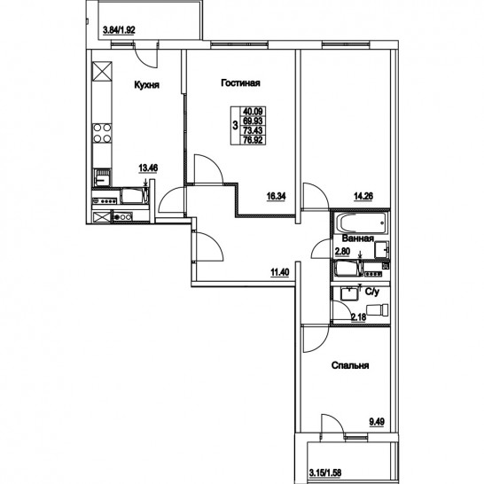 Трёхкомнатная квартира 73.43 м²