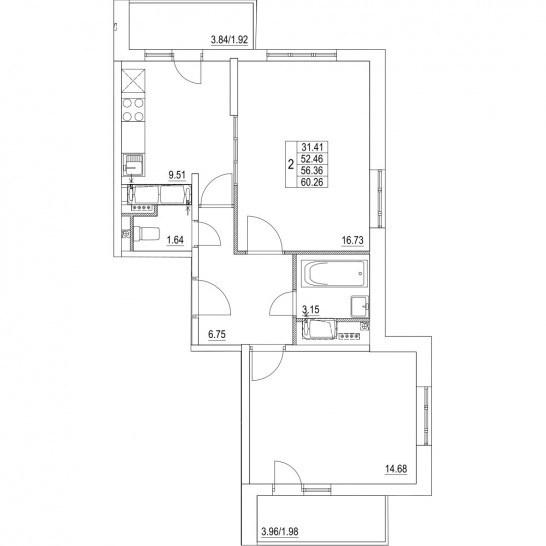 Двухкомнатная квартира 56.36 м²