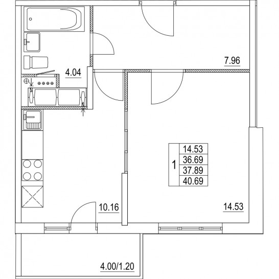 Однокомнатная квартира 37.89 м²