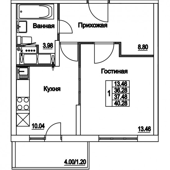 Однокомнатная квартира 37.48 м²
