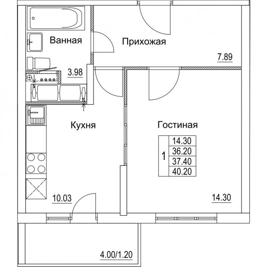 Однокомнатная квартира 37.4 м²