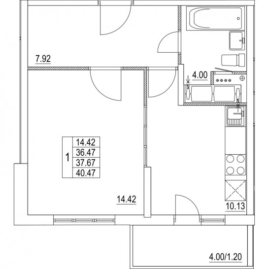 Однокомнатная квартира 37.67 м²