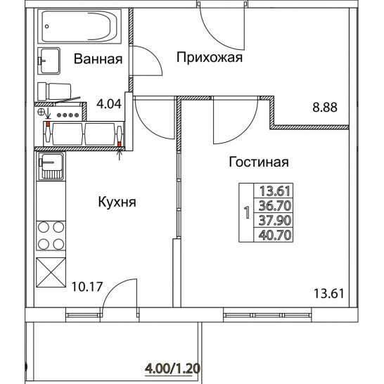 Однокомнатная квартира 37.9 м²