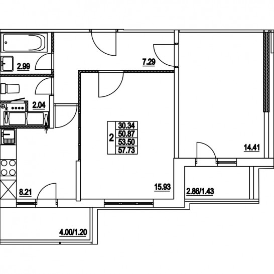 Двухкомнатная квартира 53.5 м²