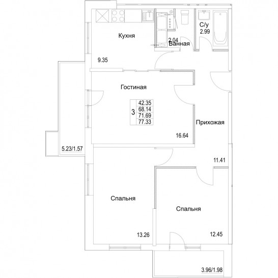 Трёхкомнатная квартира 71.69 м²