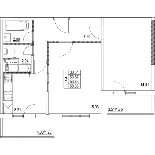 Двухкомнатная квартира 53.83 м²