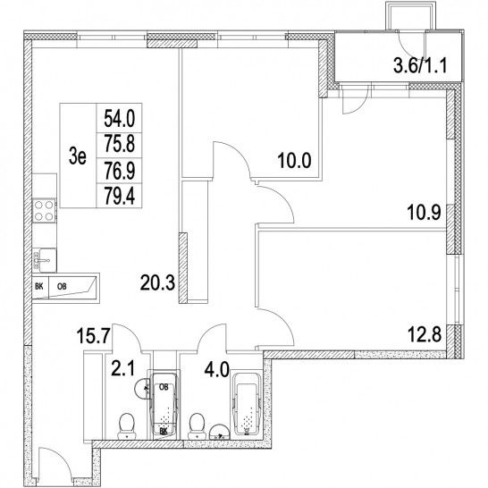 Трёхкомнатная квартира 76.9 м²