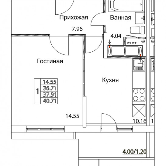 Однокомнатная квартира 37.91 м²