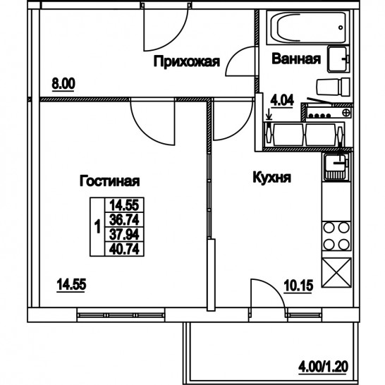 Однокомнатная квартира 37.94 м²