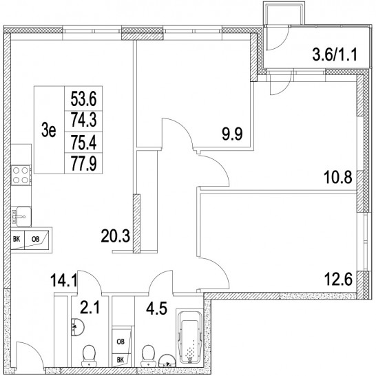 Трёхкомнатная квартира 75.4 м²