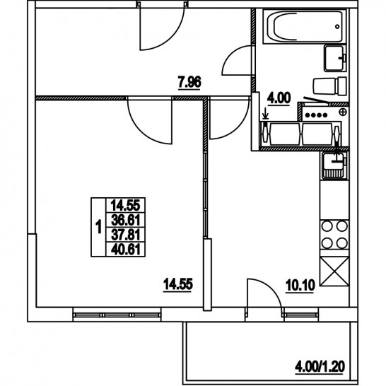 Однокомнатная квартира 37.81 м²