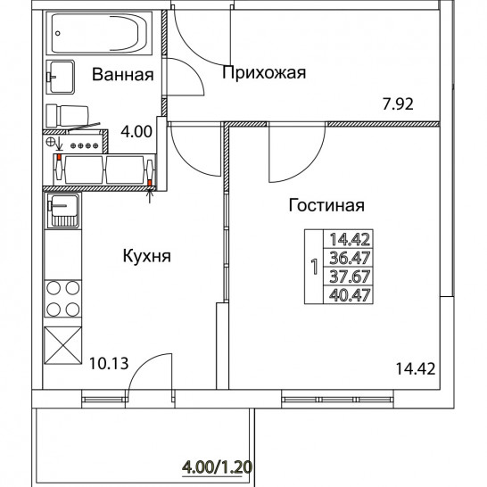 Однокомнатная квартира 37.67 м²