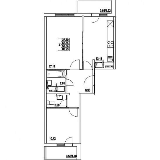 Двухкомнатная квартира 56.54 м²
