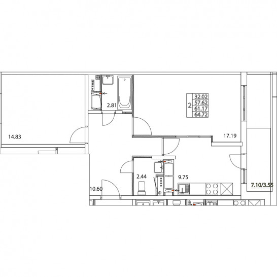 Двухкомнатная квартира 61.17 м²