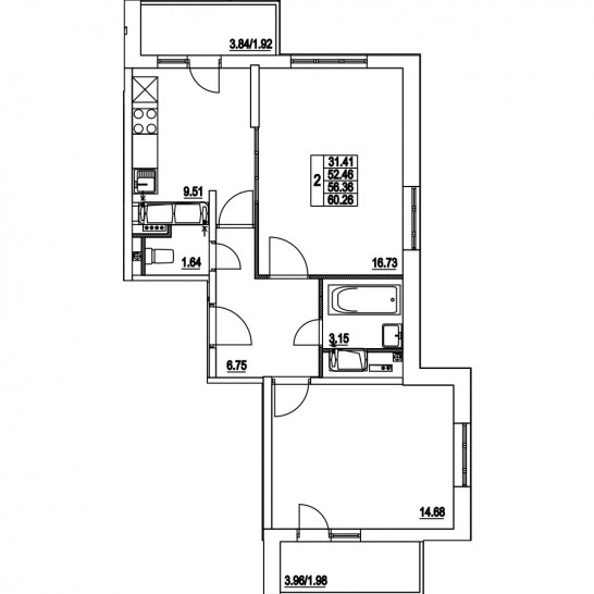 Двухкомнатная квартира 56.36 м²