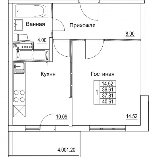 Однокомнатная квартира 37.81 м²