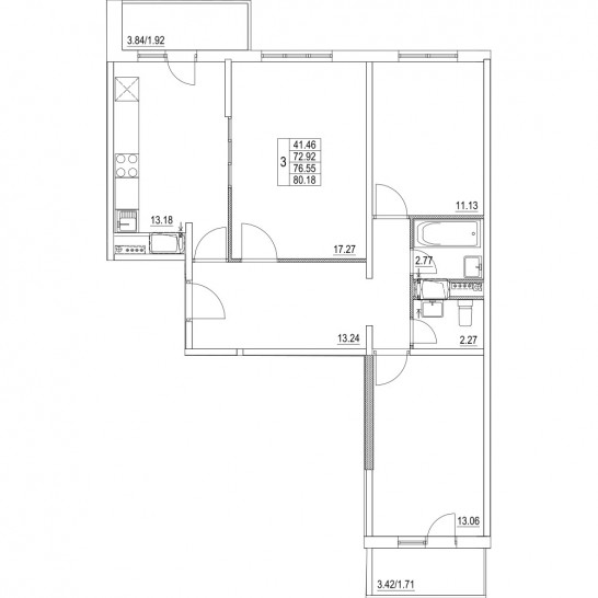 Трёхкомнатная квартира 76.55 м²