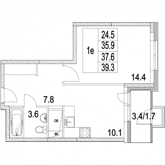 Однокомнатная квартира 37.6 м²