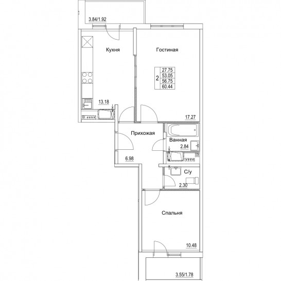 Двухкомнатная квартира 56.75 м²