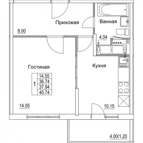 Однокомнатная квартира 37.94 м²
