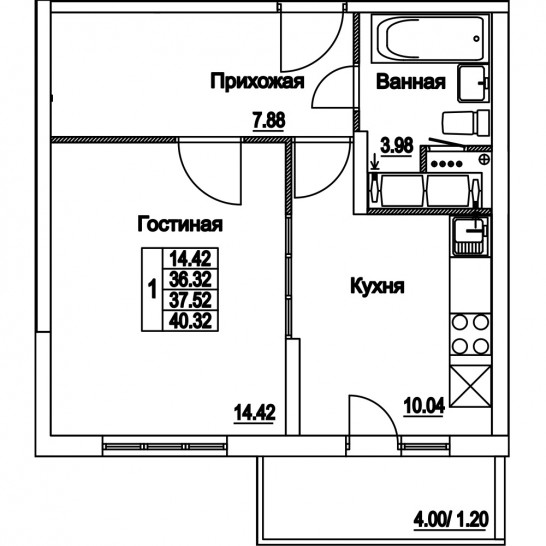 Однокомнатная квартира 37.52 м²