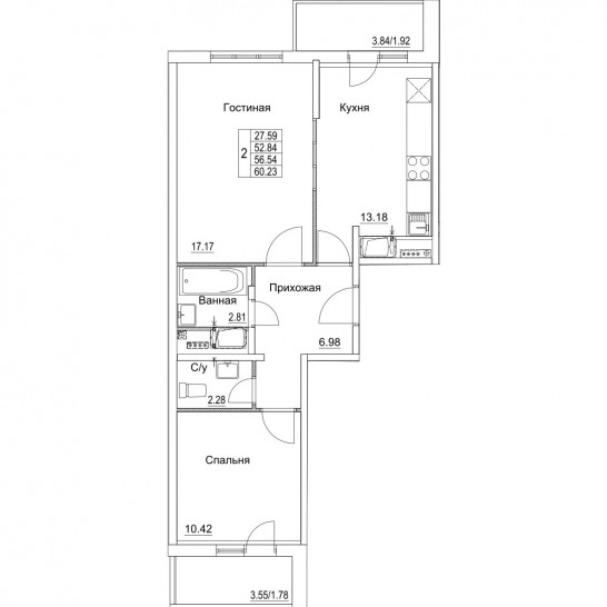 Двухкомнатная квартира 56.54 м²