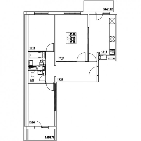 Трёхкомнатная квартира 76.55 м²
