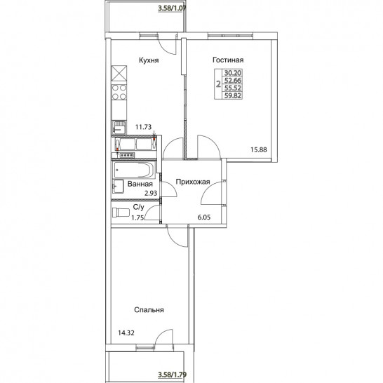 Двухкомнатная квартира 55.52 м²