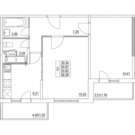 Двухкомнатная квартира 53.83 м²